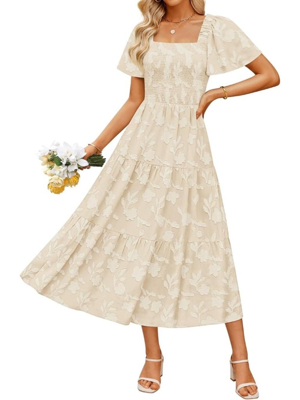 Women's Apricot 2026 Summer Casual Boho Short Sleeve Wedding Guest Midi Dresses